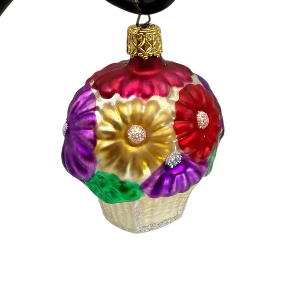 OWC Blown Glass Christmas‎  Ornament  Basket of Flowers Made in Germany VTG EUC